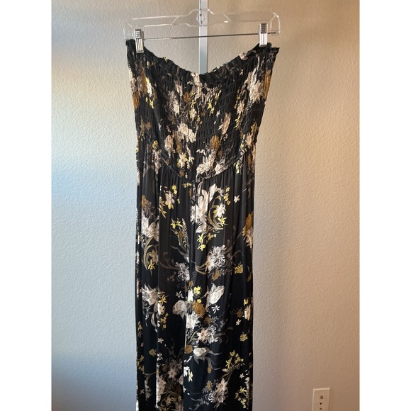 PILCRO Floral Smocked Strapless Wide Leg Jumpsuit Black Yellow Women's Size M - Picture 4 of 8